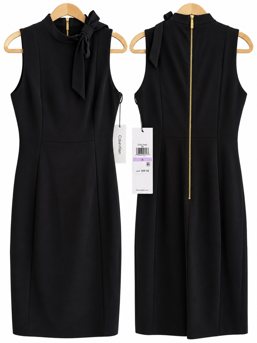 NWT Calvin Klein Black Mock Neck Bow Sheath Dress Size 6